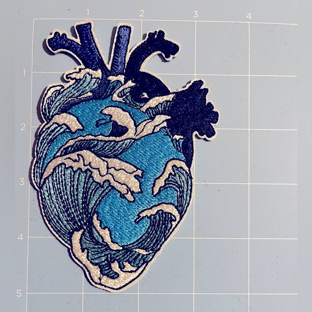 Ocean Heart Hokusai Great Wave Surf Blue Sea  Iron On Embroidered Patch 5" Large